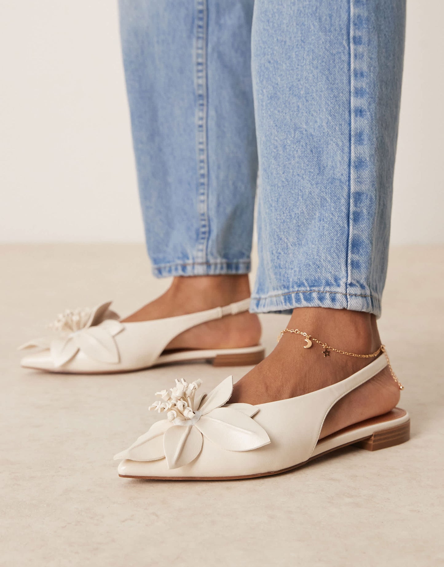 ASOS DESIGN Livia point-toe flower slingback ballets in off-white
