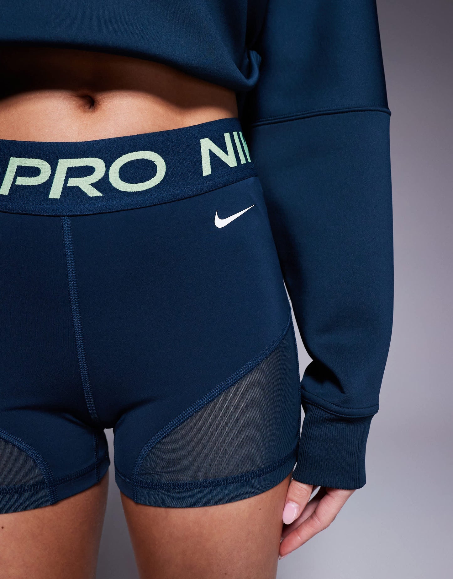 Nike Pro Training Sculpt high waisted 3 inch legging shorts in navy and lime green