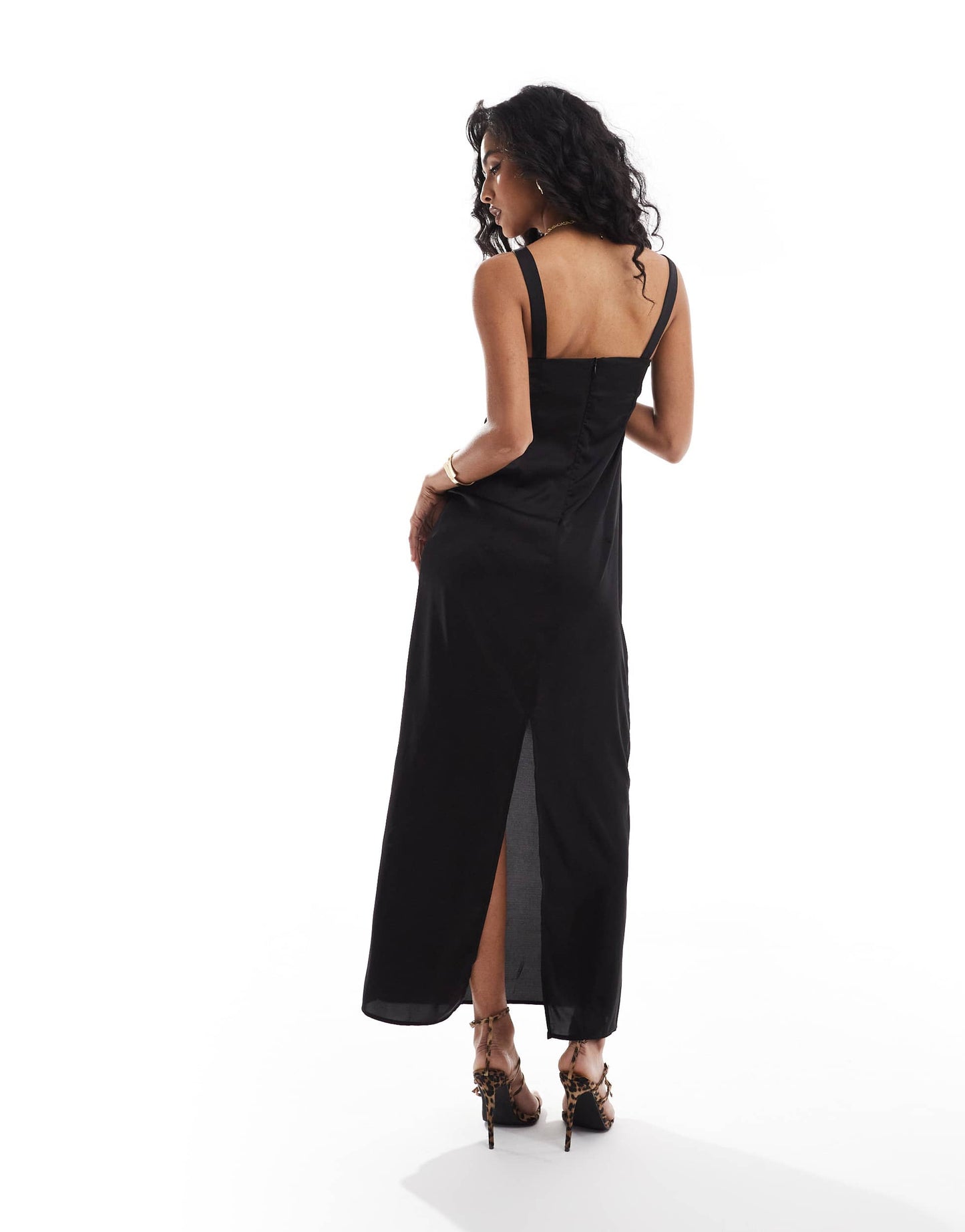 Stradivarius v neck satin midi dress in black
