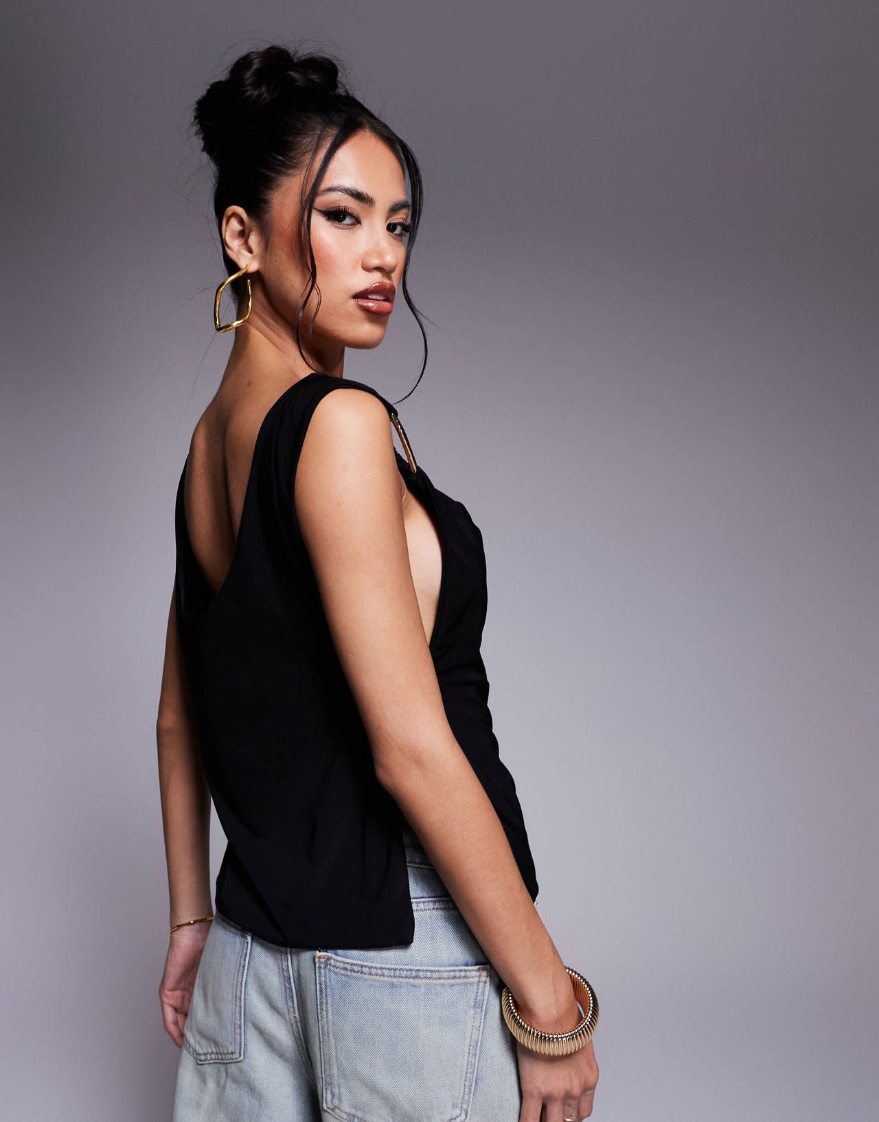 Fashionkilla exclusive slinky double sculpted metal ring detail cowl neck open side top in black