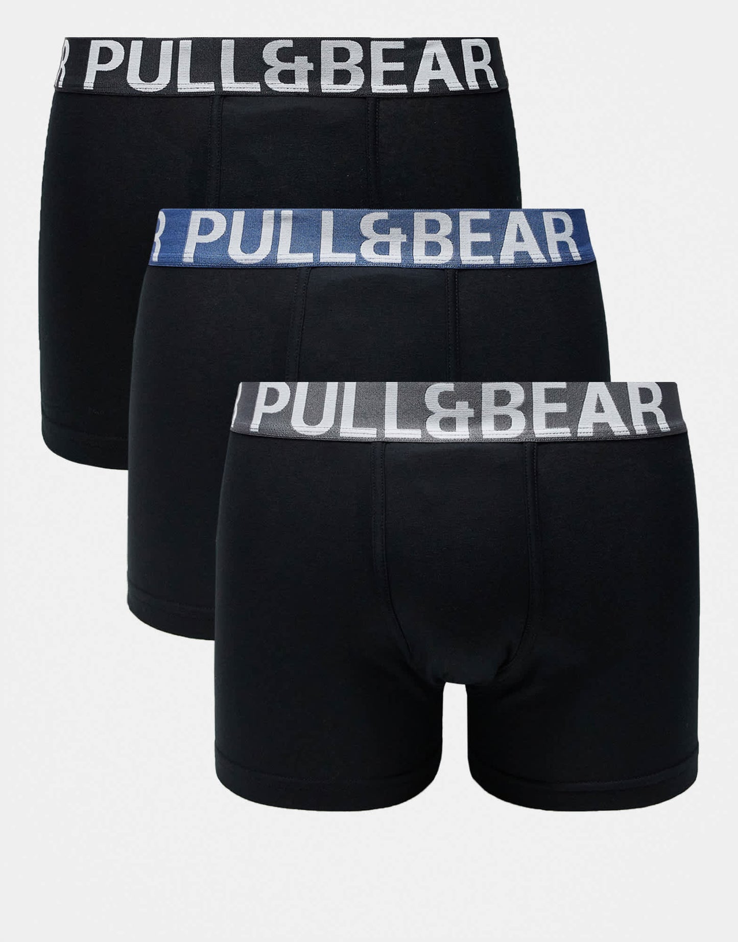 Pull&Bear 3 pack boxers with contrast coloured waistband in black, blue and grey