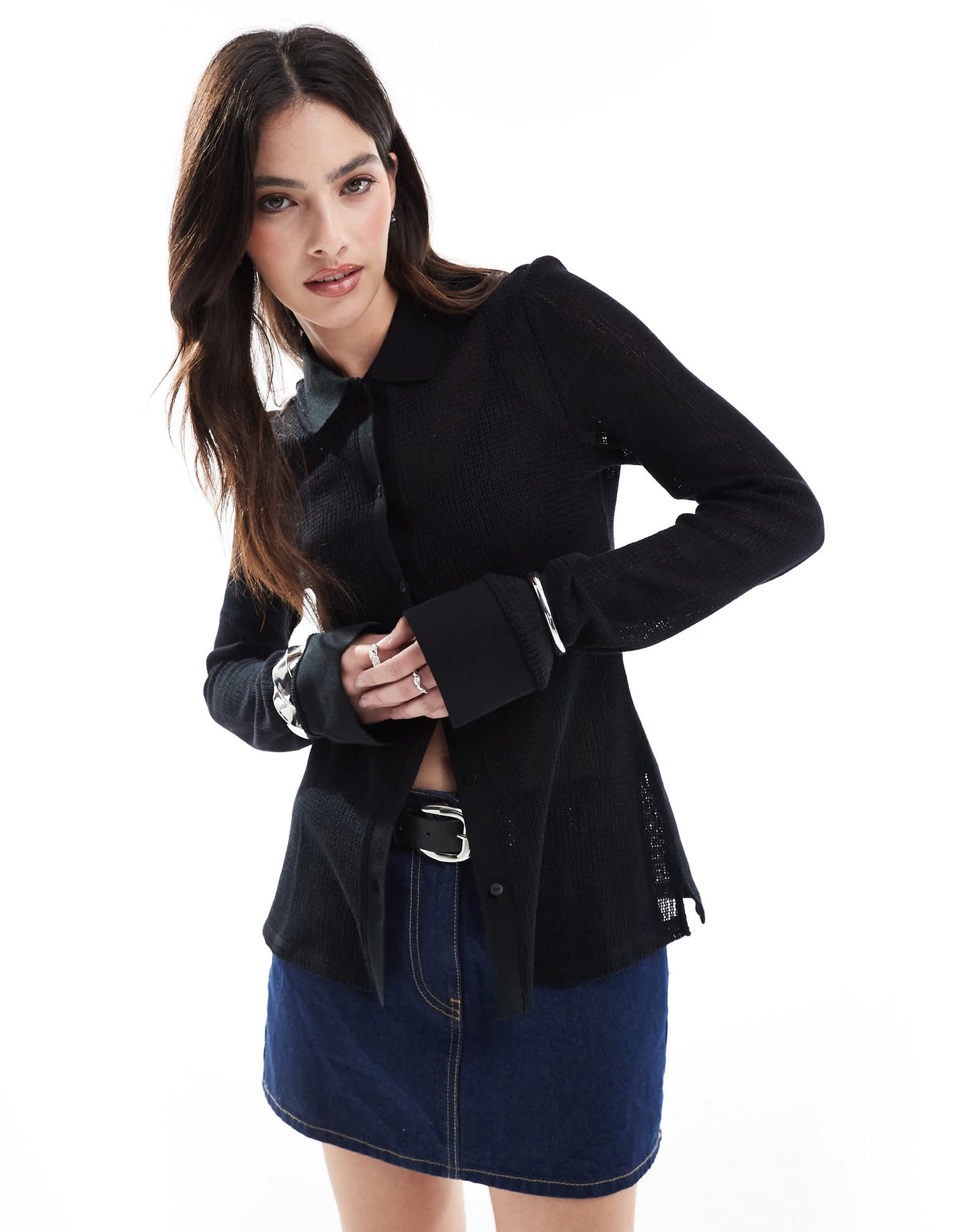 ONLY knitted flute sleeve shirt in black