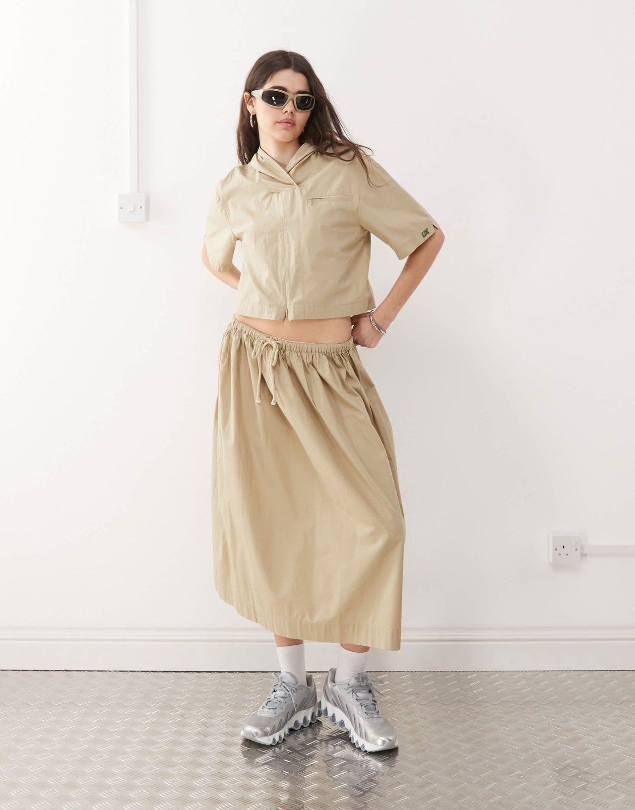 COLLUSION hooded zip shirt co-ord in stone