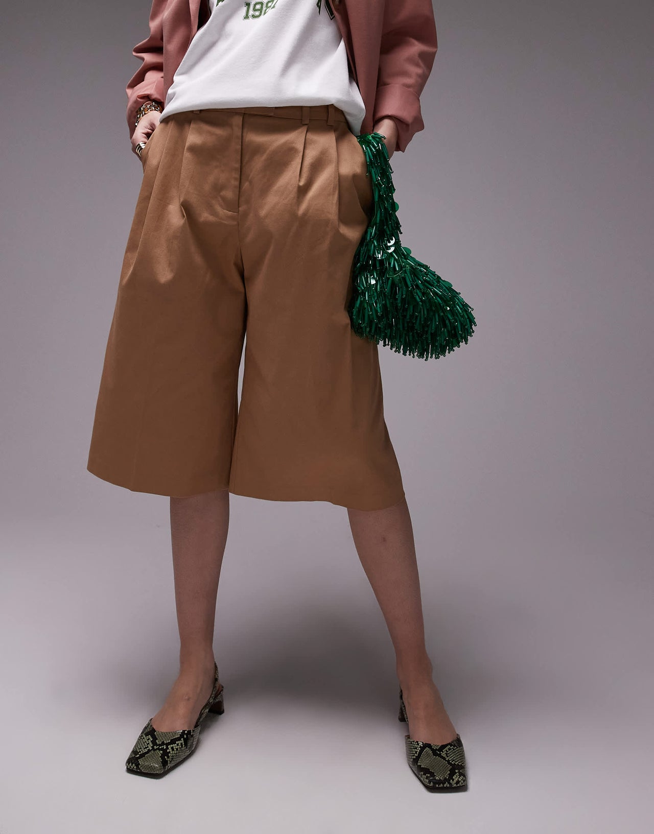 Topshop longline 3/4 length double pleat short in camel