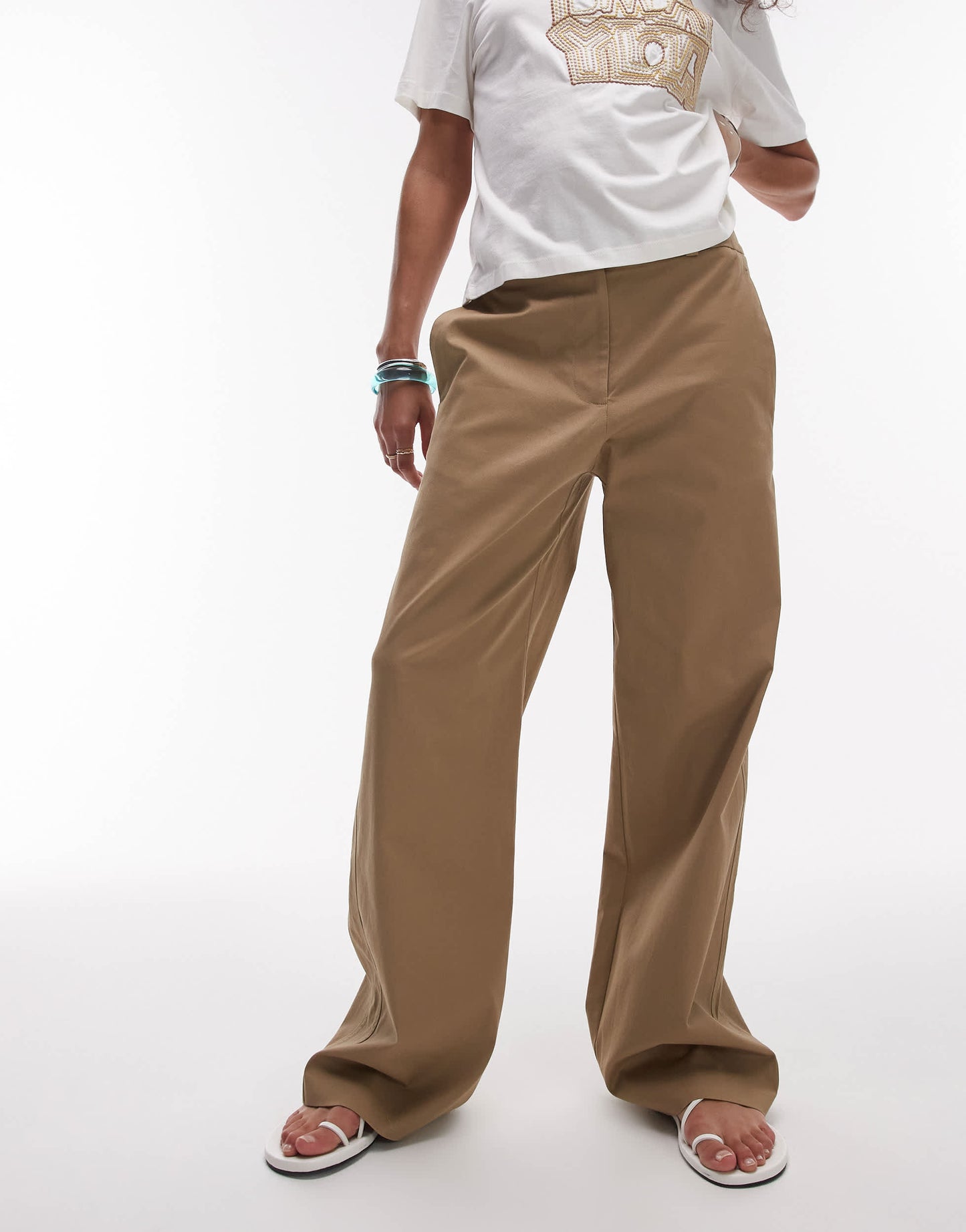 Topshop low rise casual tailored straight leg trouser in beige