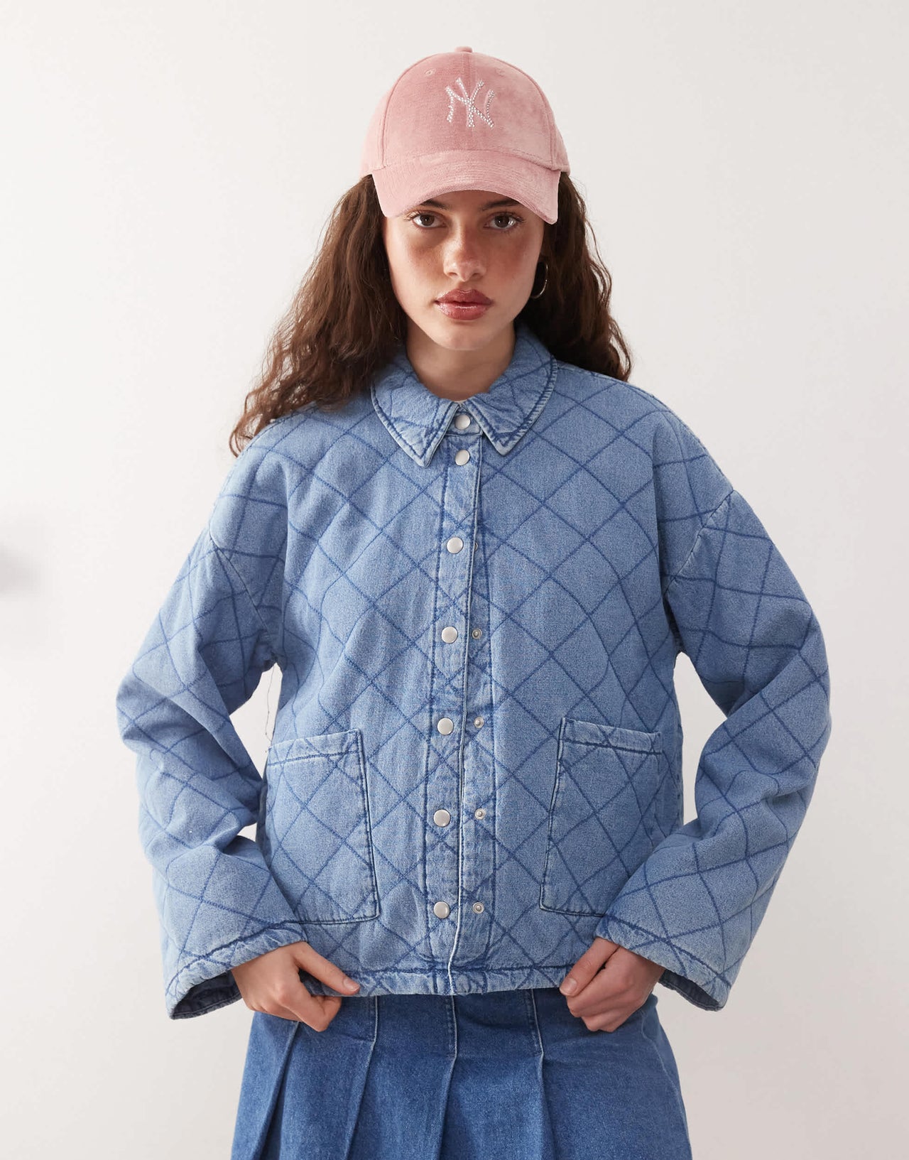Noisy May quilted diamond denim jacket in light blue wash