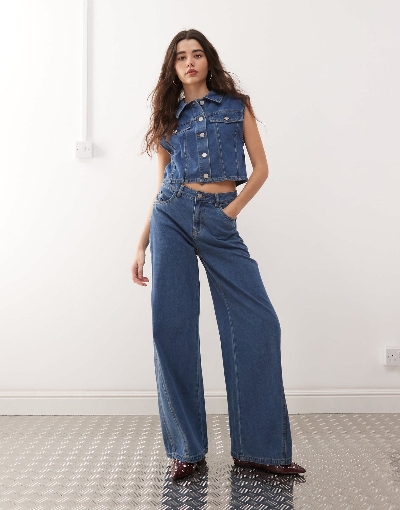 Noisy May Robie high waisted baggy jean co-ord with flare insert in mid blue