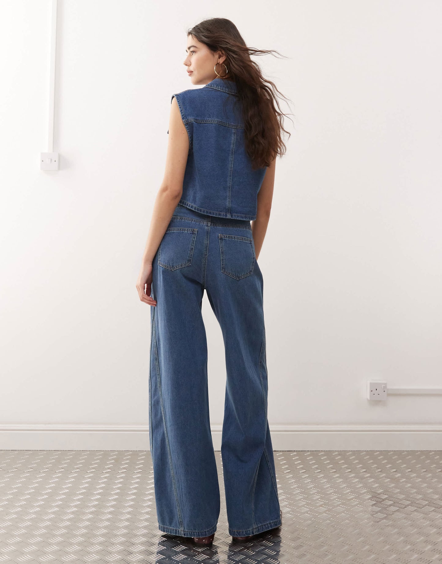 Noisy May Robie high waisted baggy jean co-ord with flare insert in mid blue