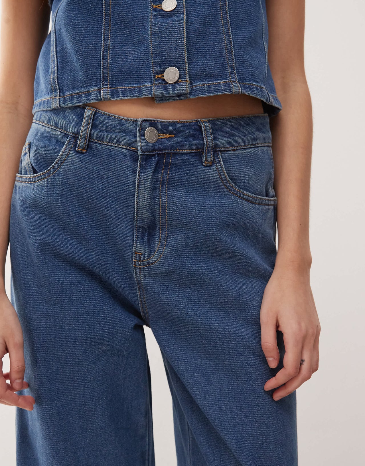 Noisy May Robie high waisted baggy jean co-ord with flare insert in mid blue