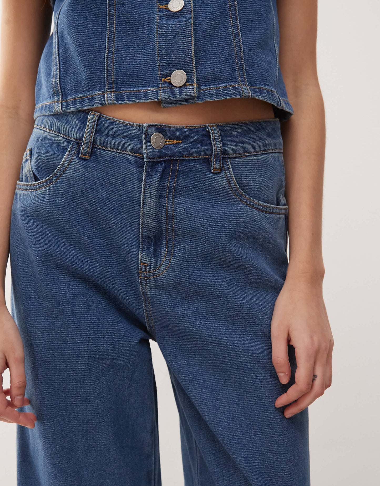 Noisy May Robie high waisted baggy jean co-ord with flare insert in mid blue