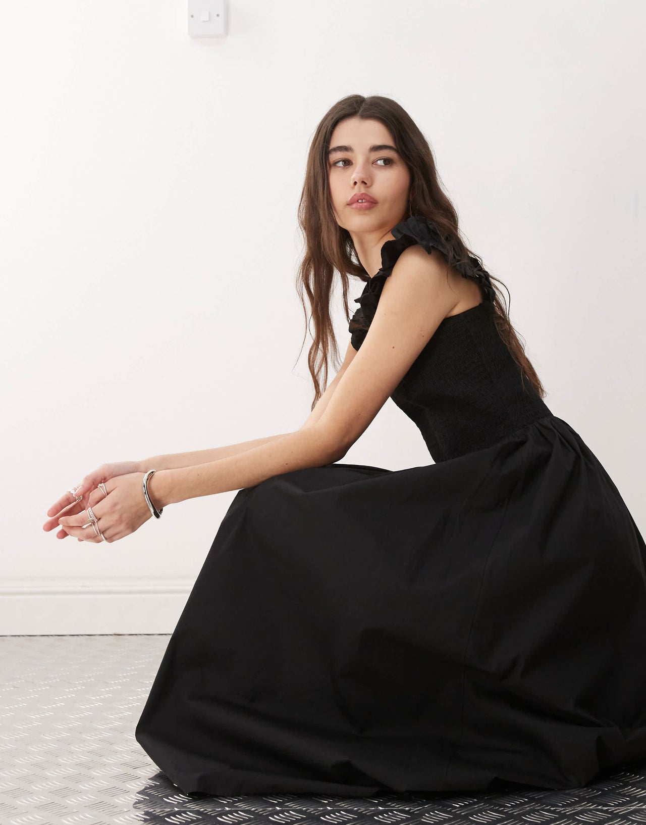 COLLUSION woven ruched strap midi dress in black