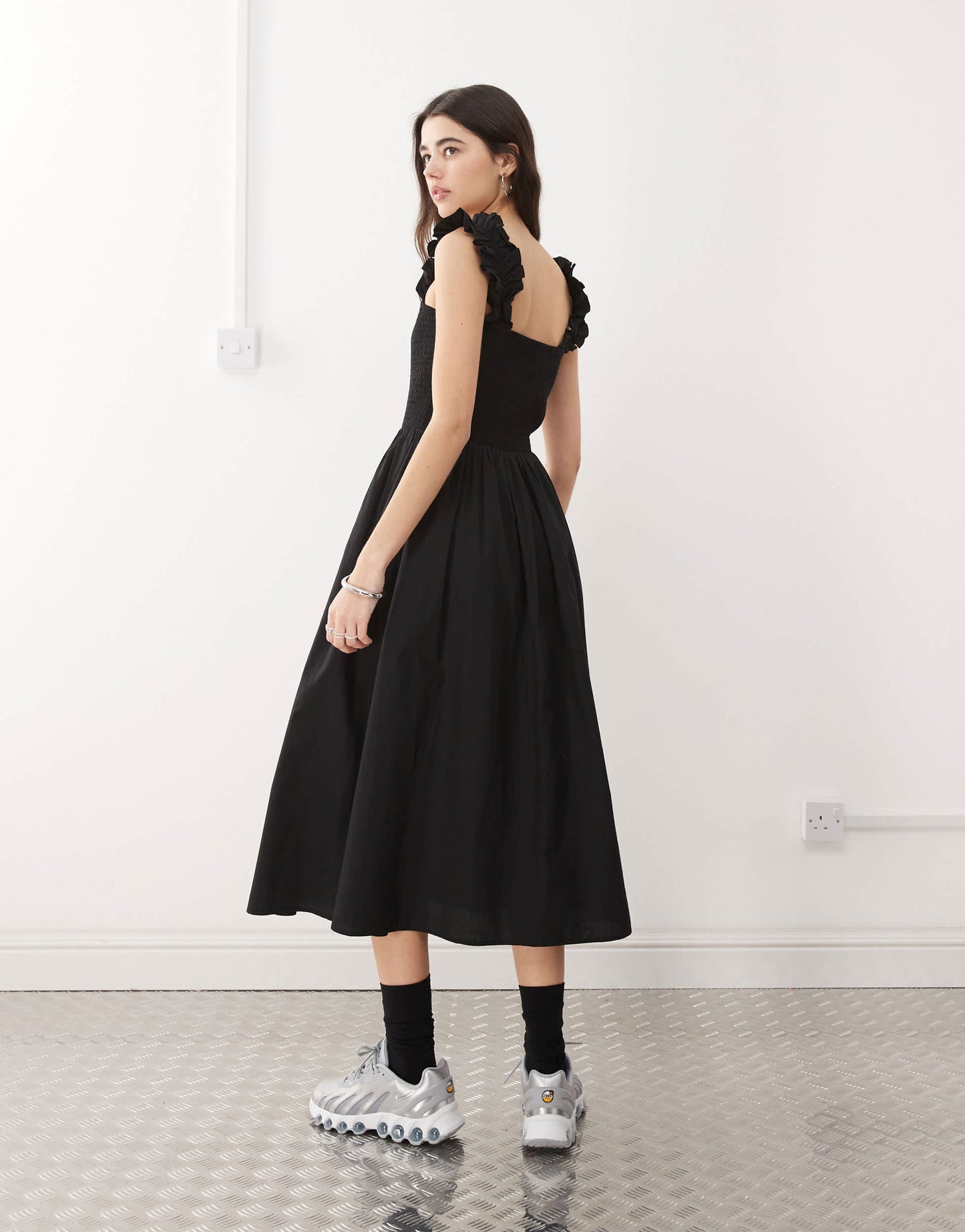 COLLUSION woven ruched strap midi dress in black