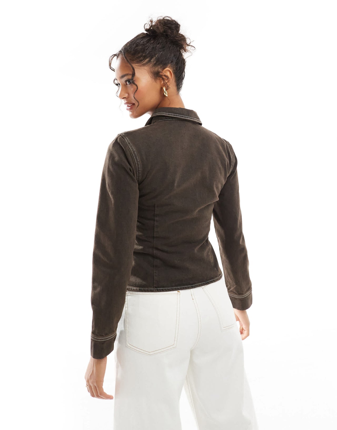ASOS DESIGN denim seamed cinch shirt in brown
