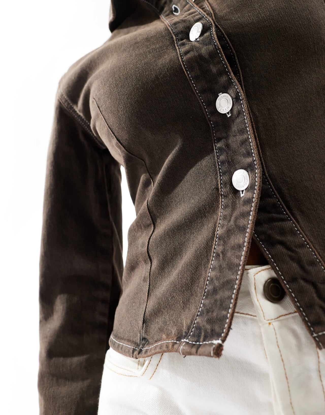 ASOS DESIGN denim seamed cinch shirt in brown