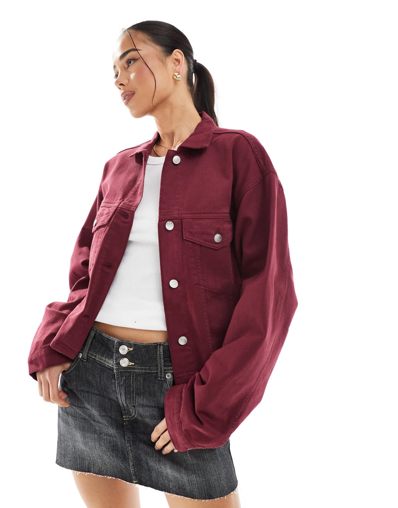 ASOS DESIGN denim funnel neck jacket in burgundy