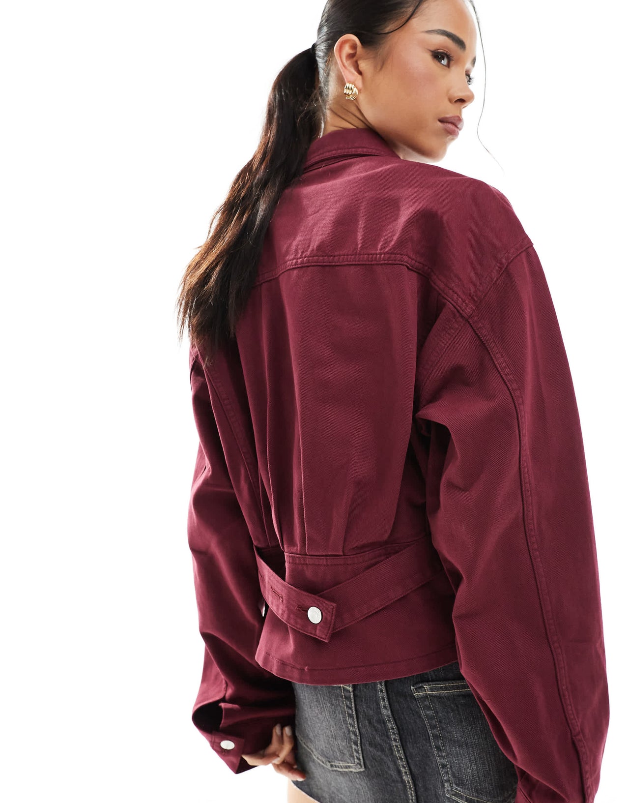 ASOS DESIGN denim funnel neck jacket in burgundy
