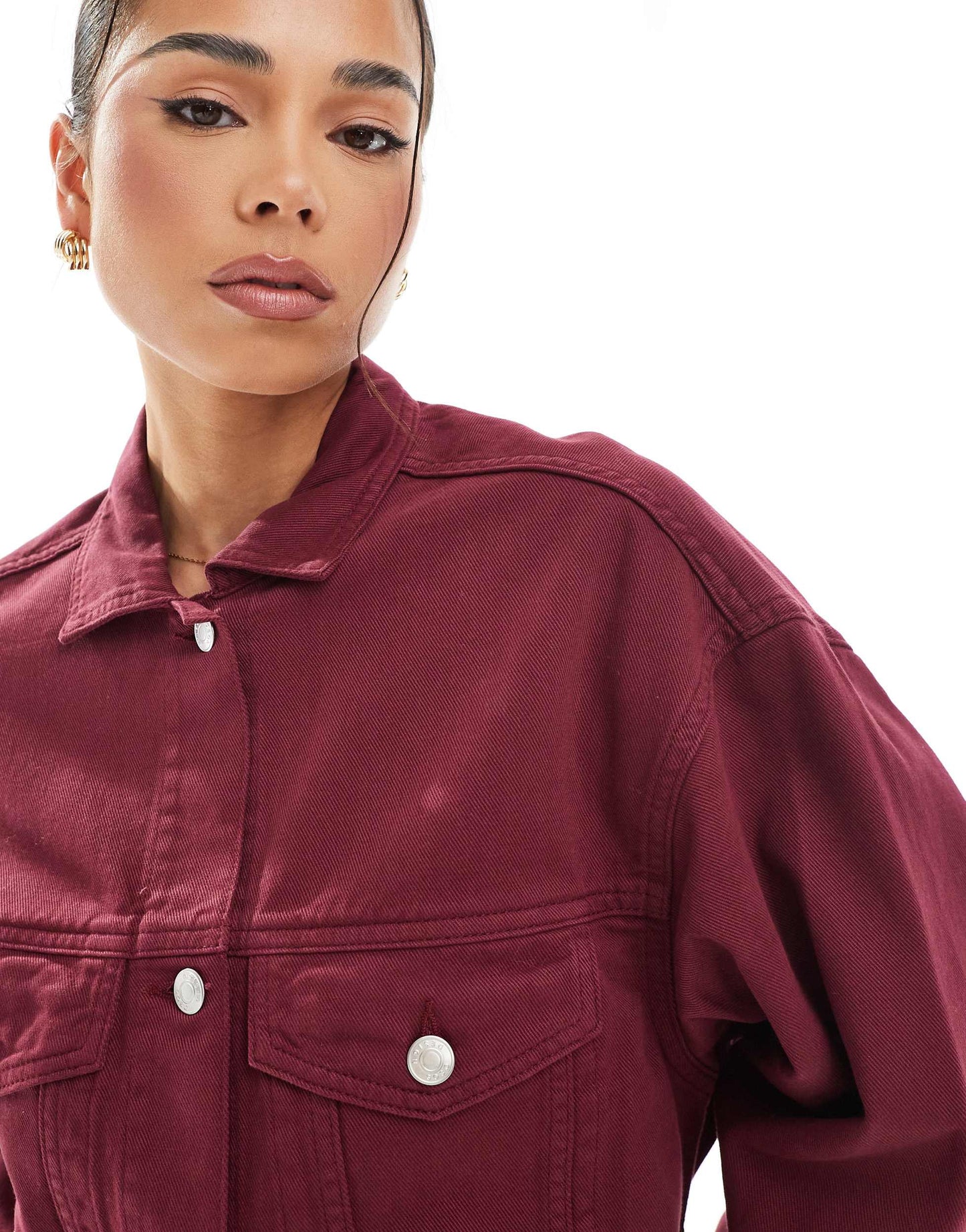 ASOS DESIGN denim funnel neck jacket in burgundy