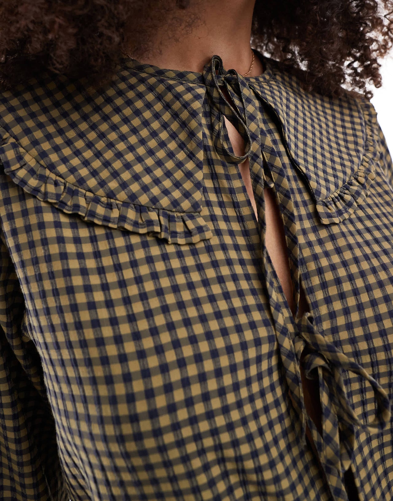 ASOS DESIGN pie crust collar tie front mini dress in khaki gingham