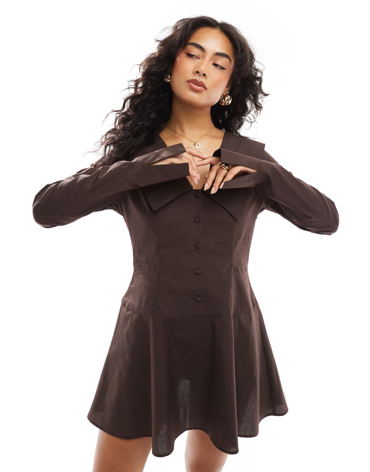 ASOS DESIGN poplin oversized plunge collar mini dress in chocolate