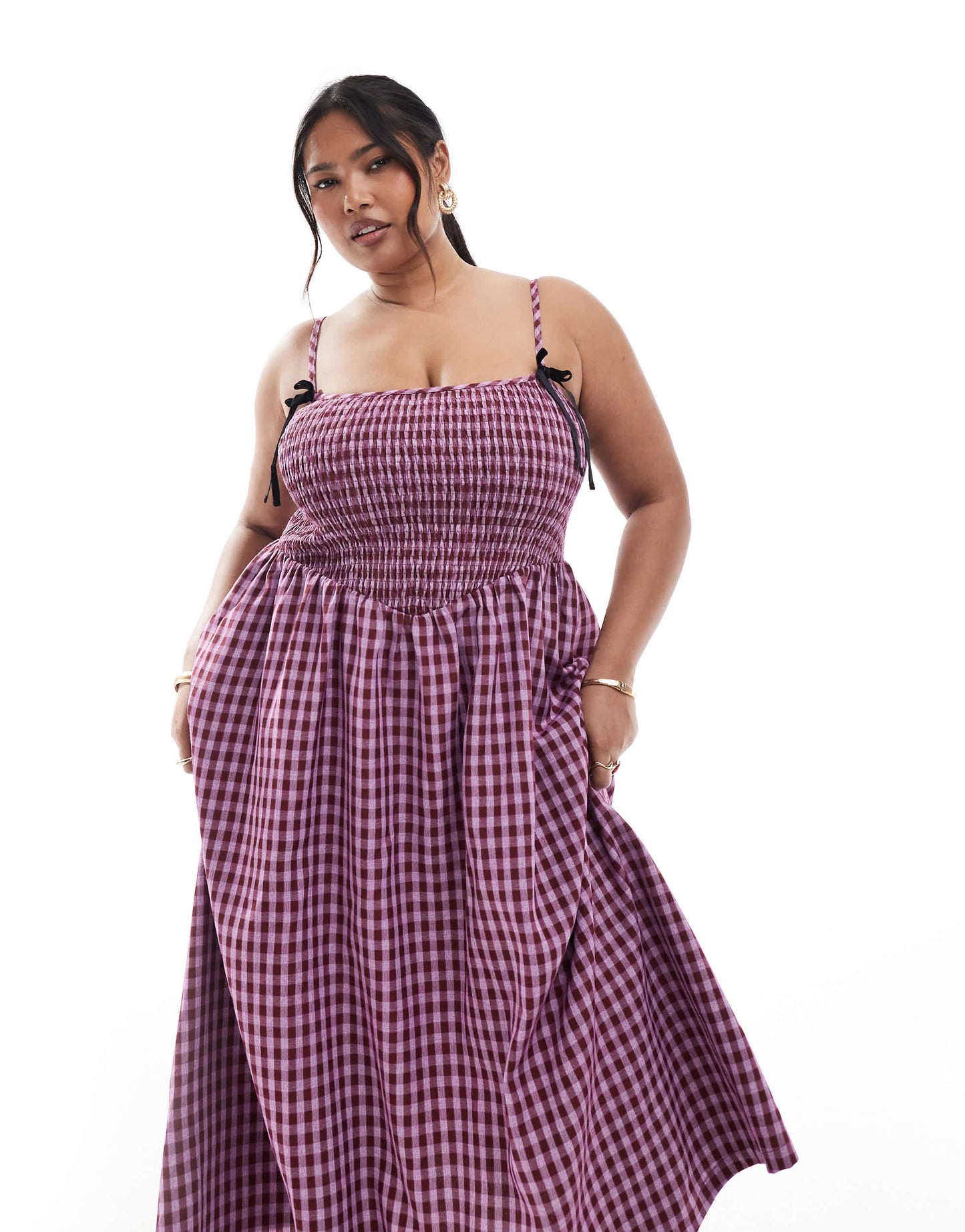Renee Studio Plus exclusive shirred bow strap detail midi dress in purple and red gingham