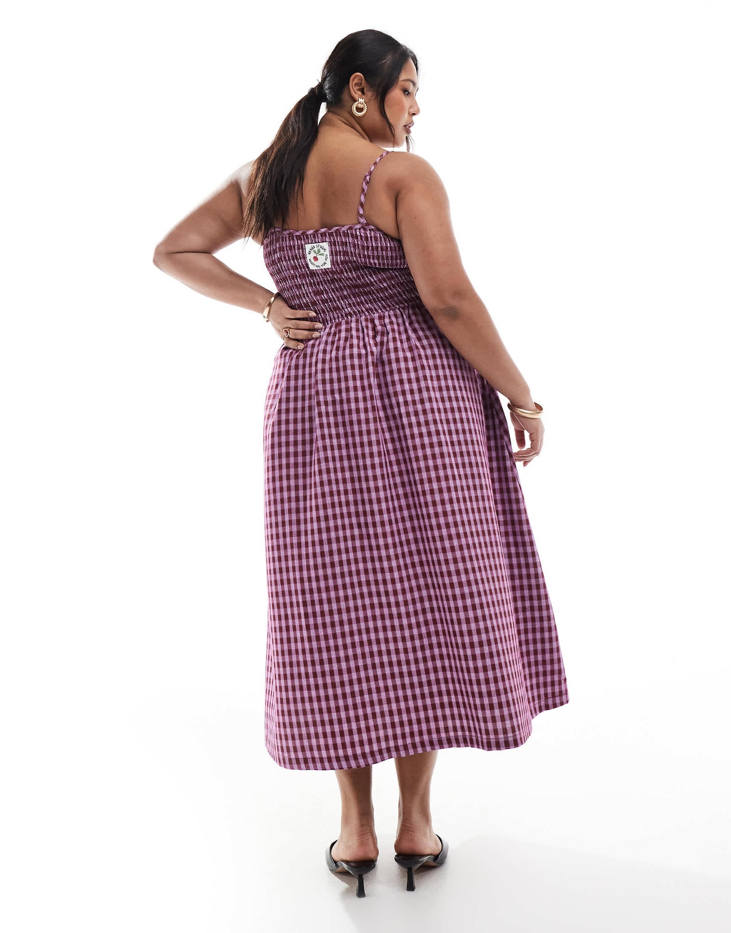 Renee Studio Plus exclusive shirred bow strap detail midi dress in purple and red gingham