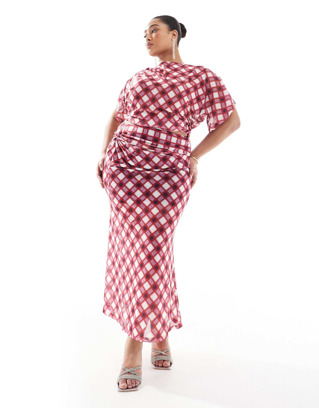 Renee Studio Plus exclusive ruched twist detail mesh maxi skirt co-ord in red multi check