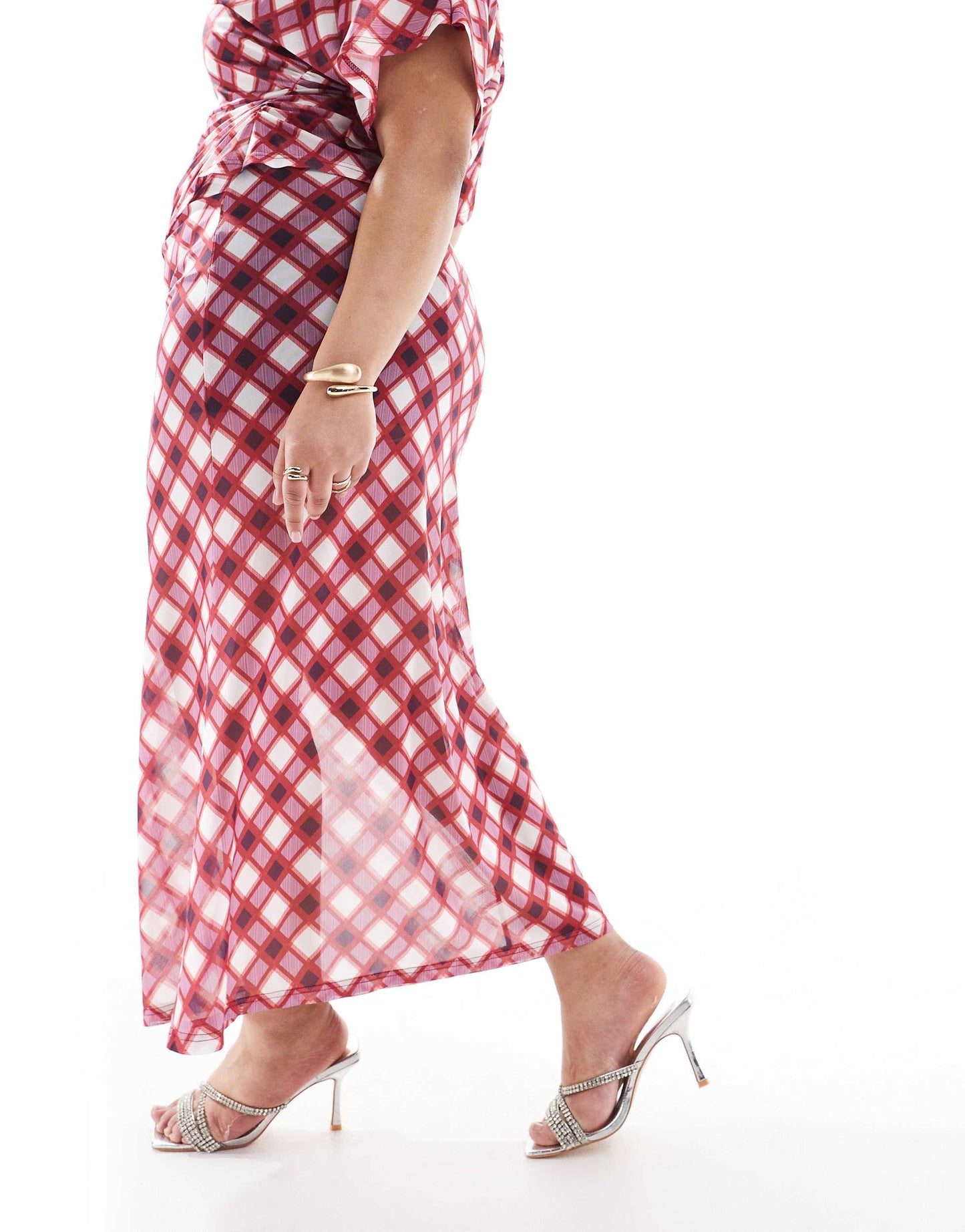 Renee Studio Plus exclusive ruched twist detail mesh maxi skirt co-ord in red multi check