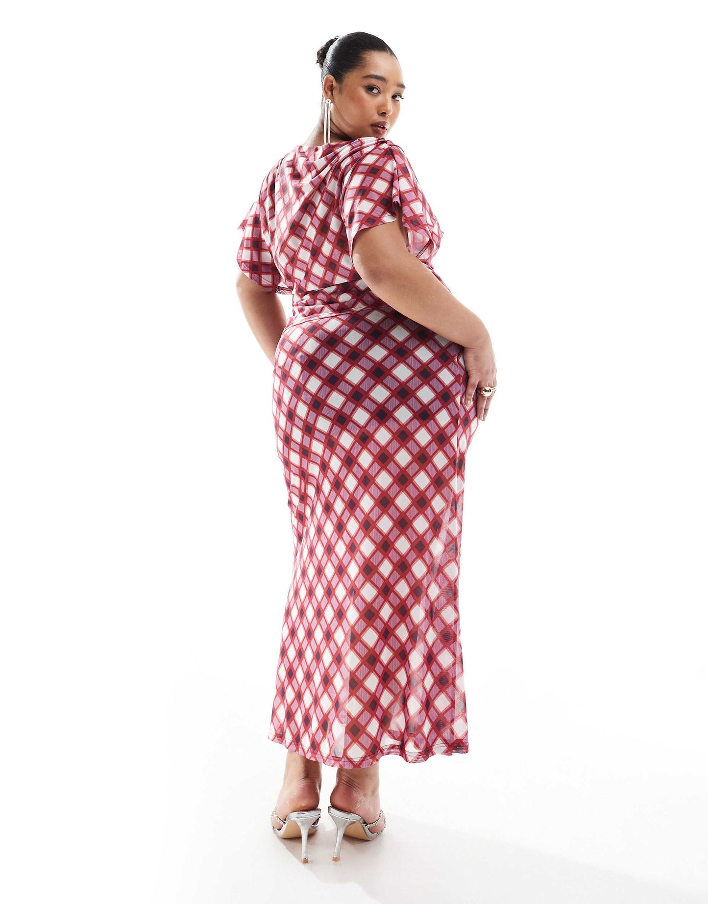 Renee Studio Plus exclusive ruched twist detail mesh maxi skirt co-ord in red multi check