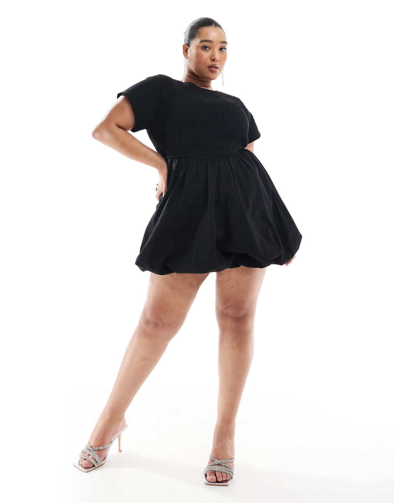 Renee Studio Plus exclusive short sleeve shirred poplin bubble hem mini dress in black