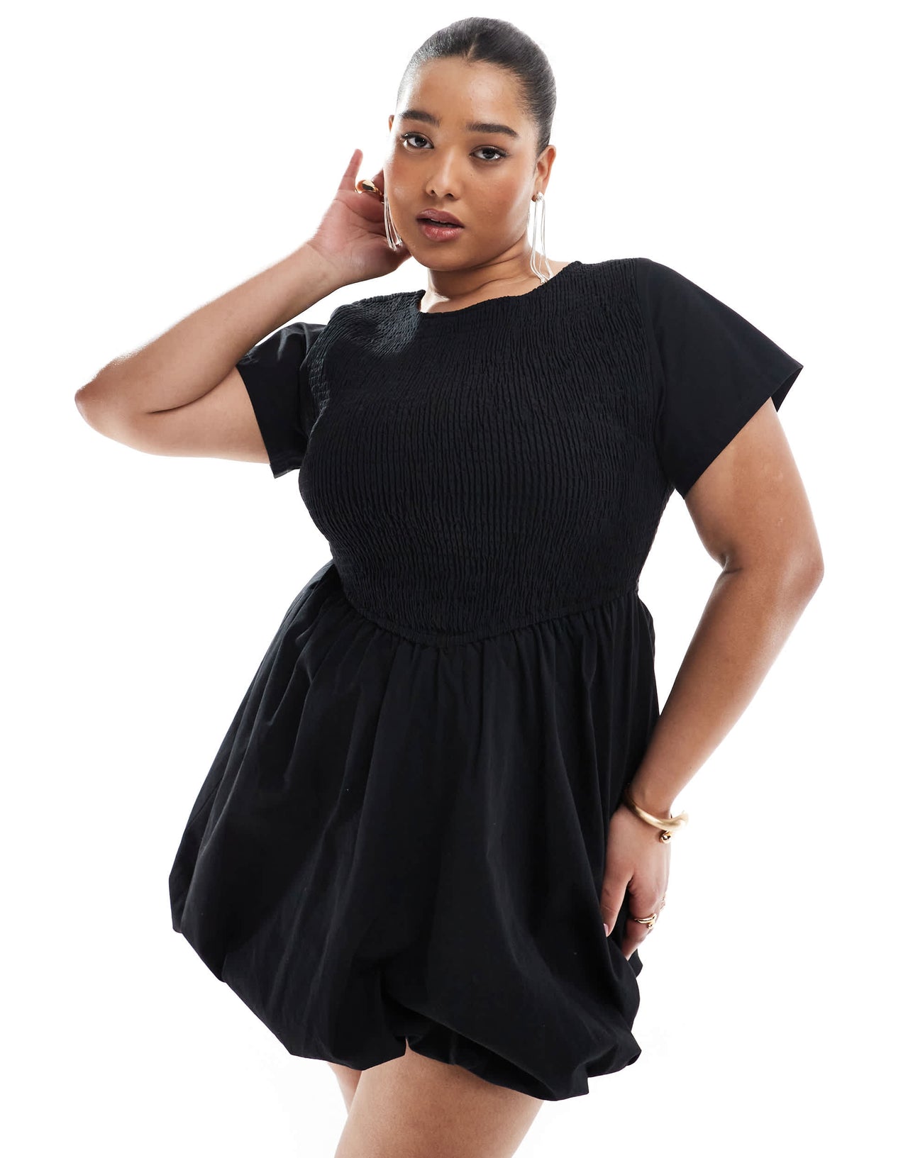 Renee Studio Plus exclusive short sleeve shirred poplin bubble hem mini dress in black