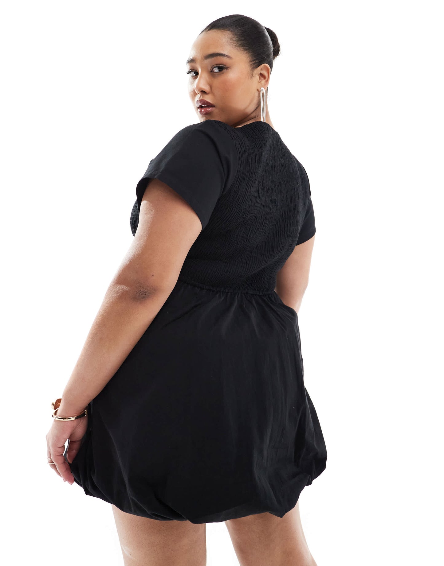 Renee Studio Plus exclusive short sleeve shirred poplin bubble hem mini dress in black