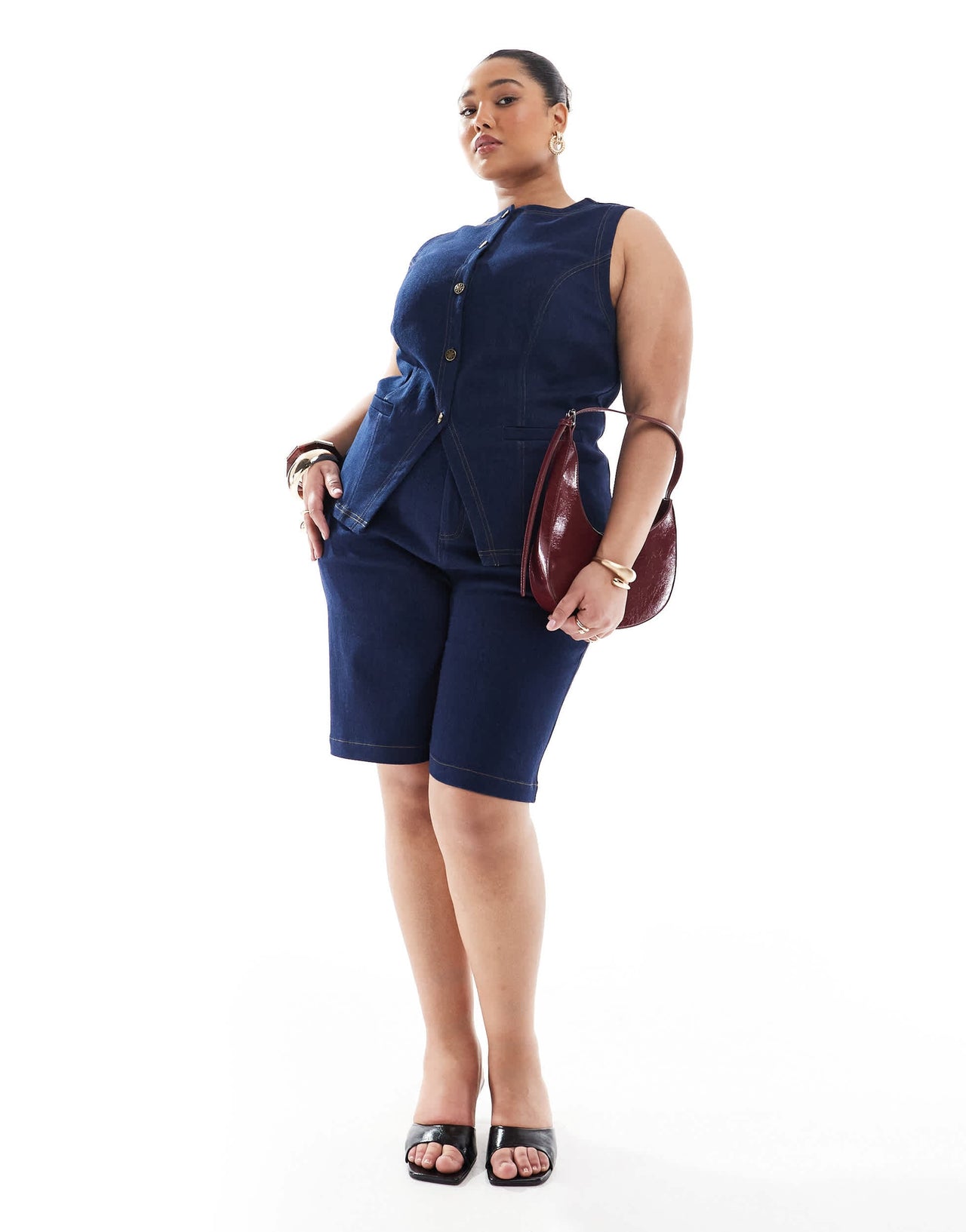 Renee Studio Plus exclusive button front waistcoat co-ord in dark denim wash