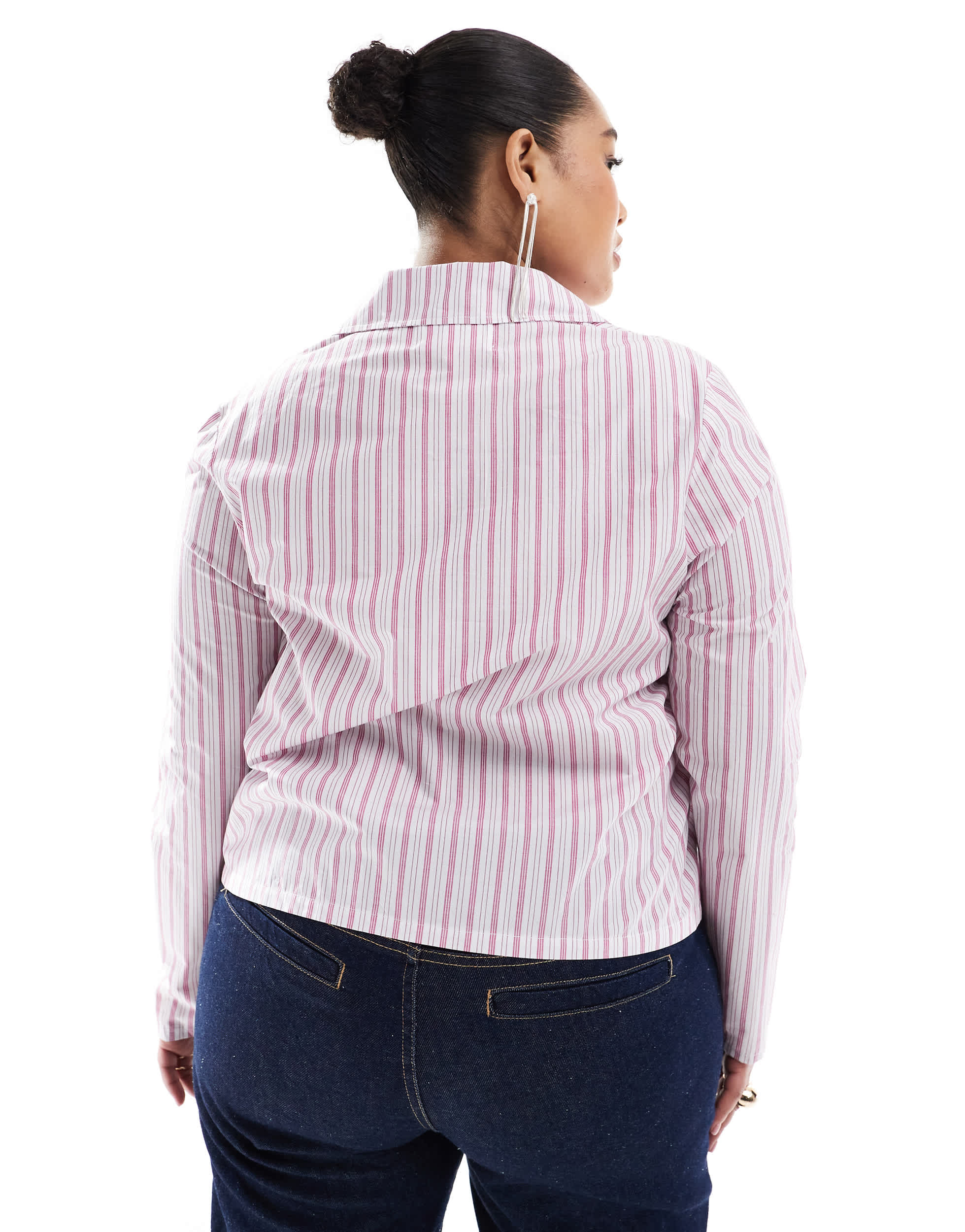 Renee Studio Plus exclusive tie front collared shirt with hotfix heart detail in pink stripe