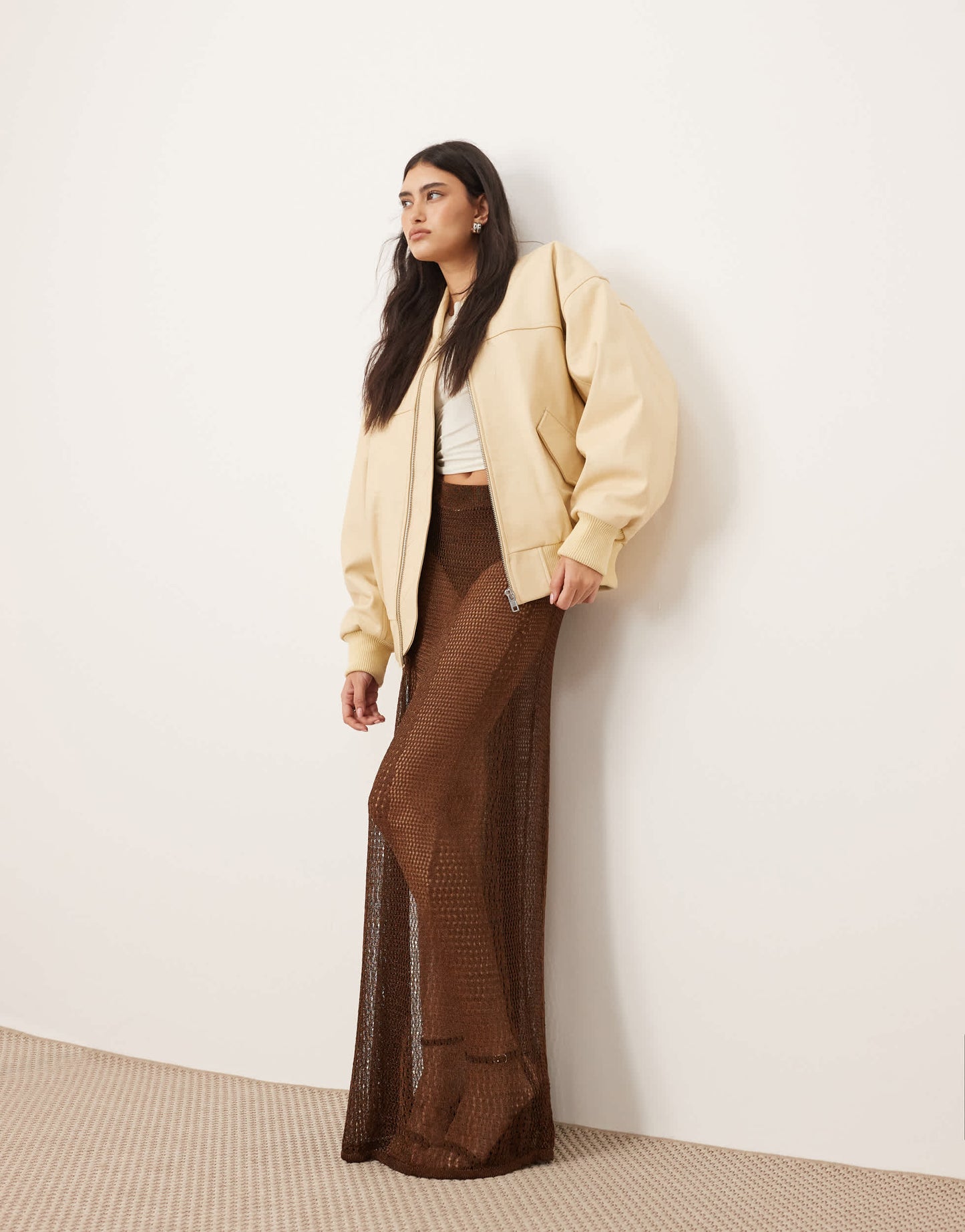 ARRANGE metallic knitted sheer sweeping maxi skirt in chocolate