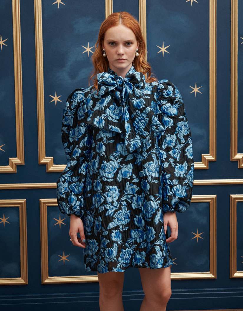 Sister Jane metallic jacquard bow front mini dress in blue