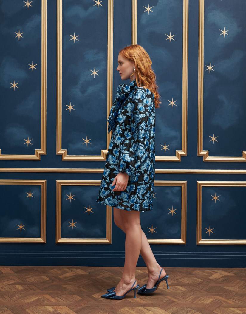 Sister Jane metallic jacquard bow front mini dress in blue