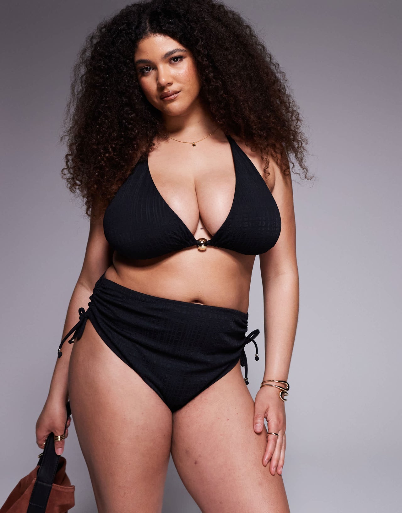 ASOS DESIGN Curve Tayla high leg high waist bikini bottom with gold bead trim in black