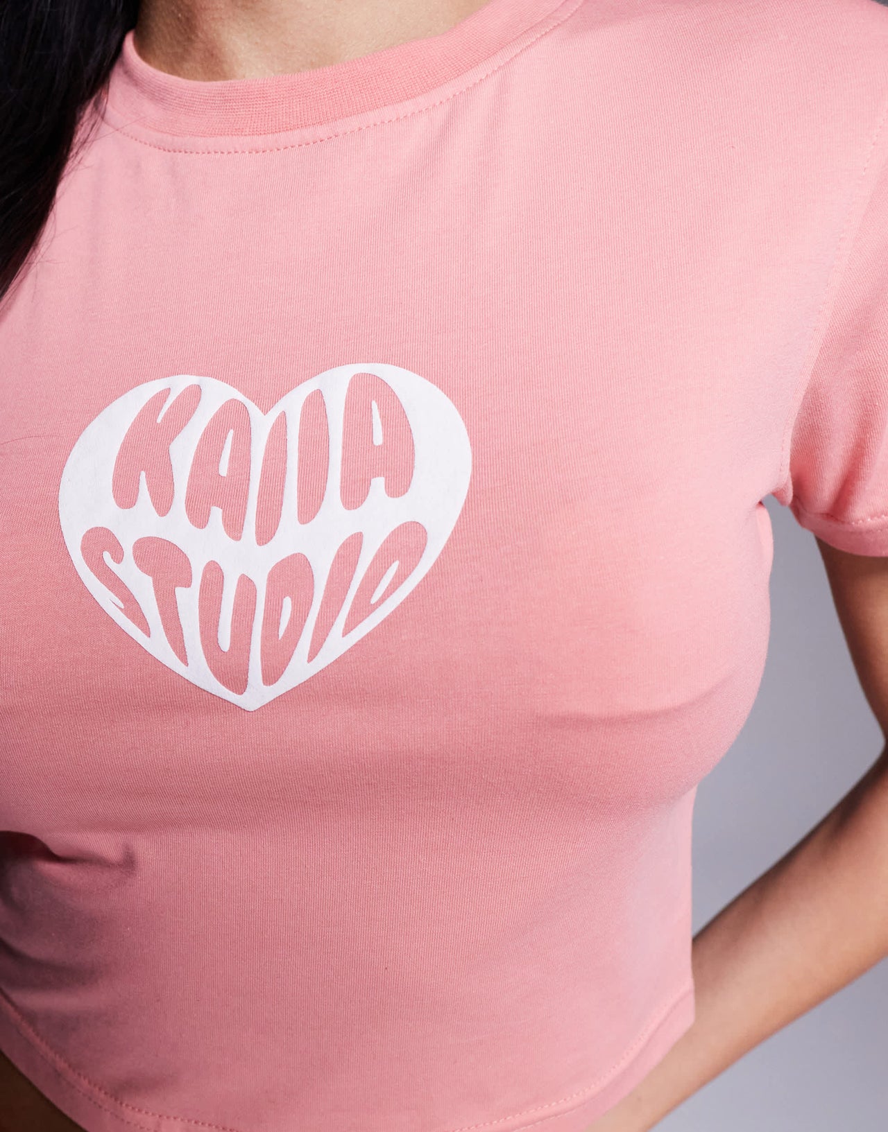 Kaiia cotton rich contrast heart logo baby tee co-ord in peach
