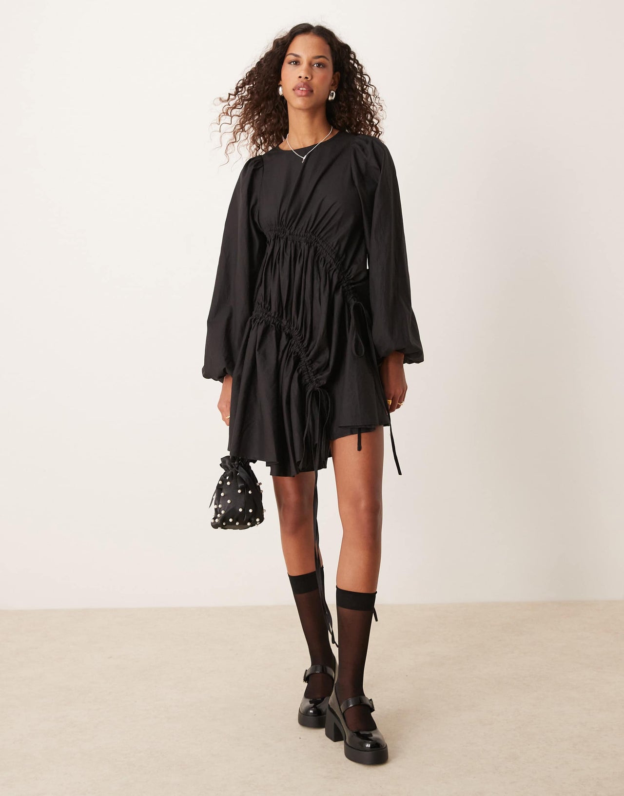 Ghospell oversized ruched mini dress in black