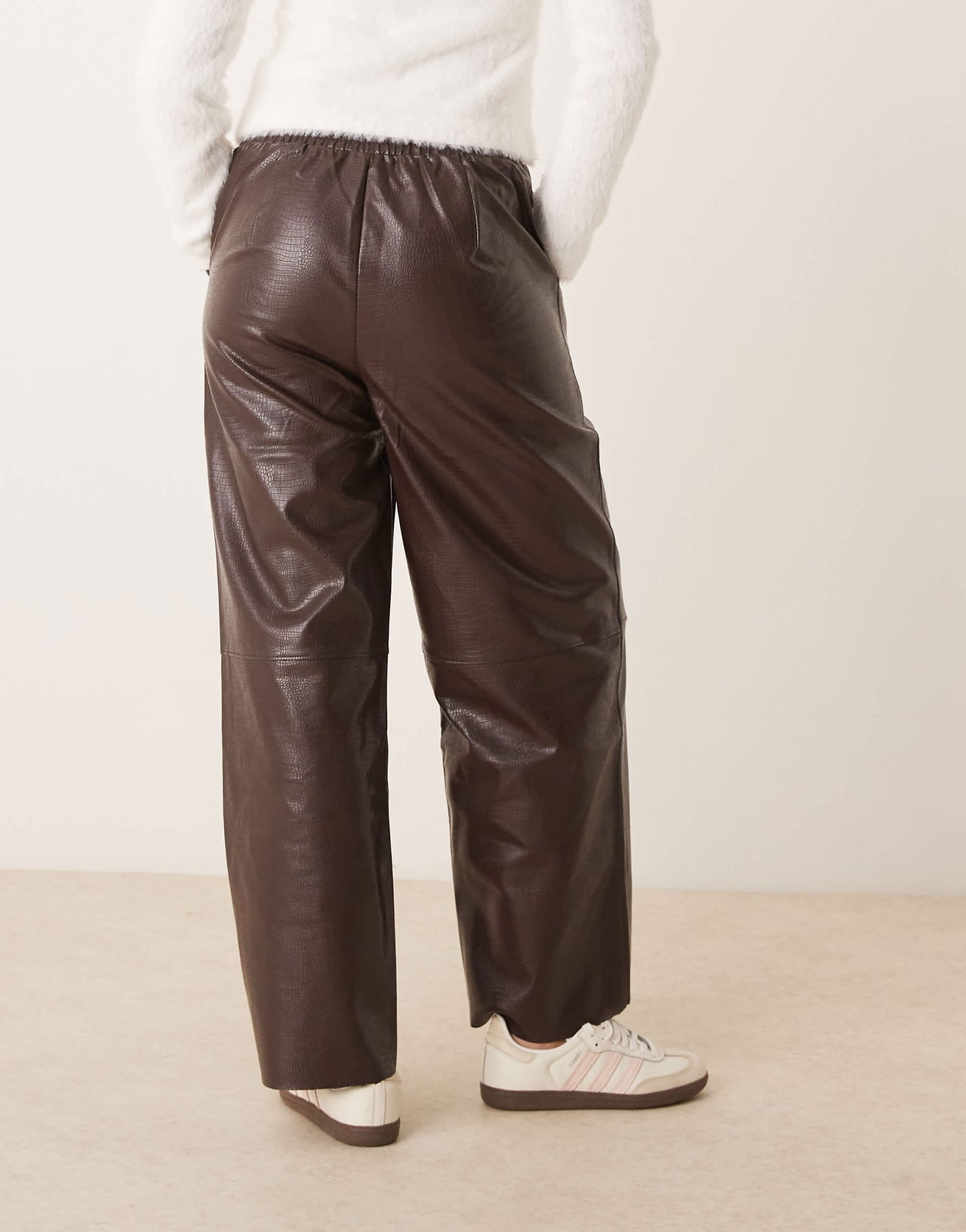 ASOS DESIGN faux leather pull on barrel trousers in chocolate