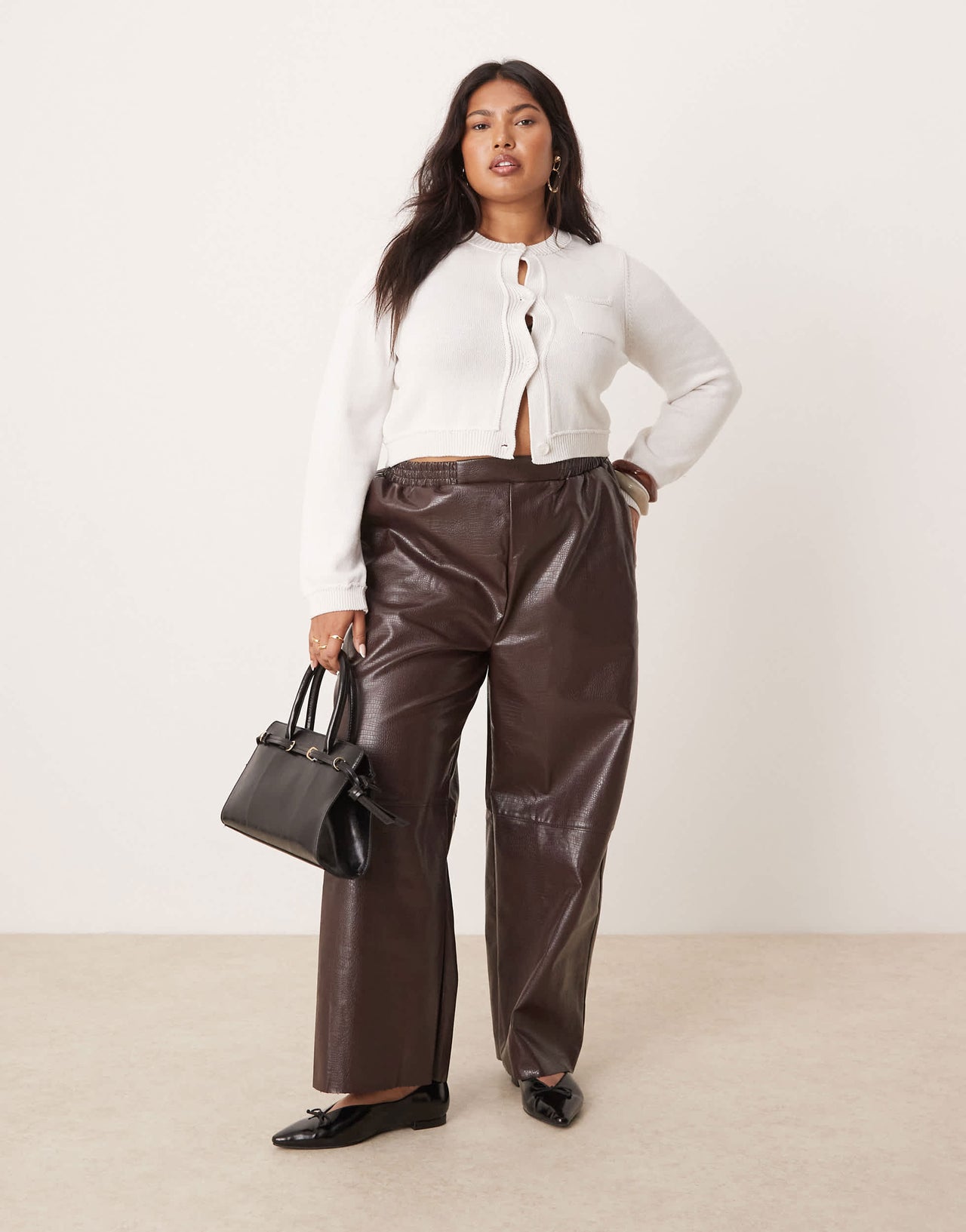 ASOS DESIGN Curve faux leather pull on barrel trousers in chocolate
