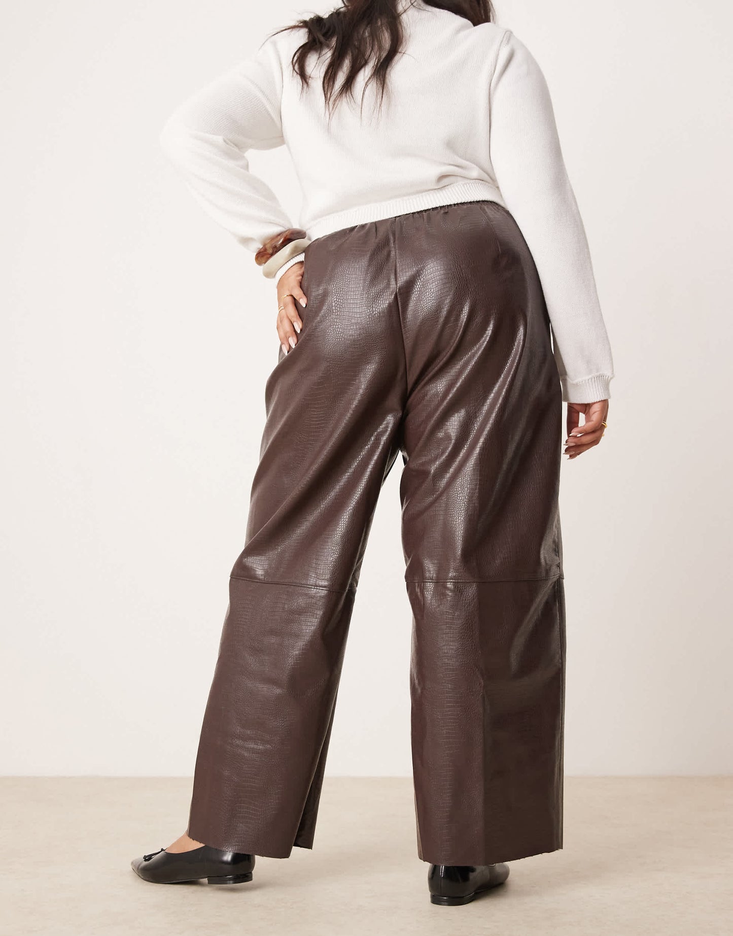 ASOS DESIGN Curve faux leather pull on barrel trousers in chocolate