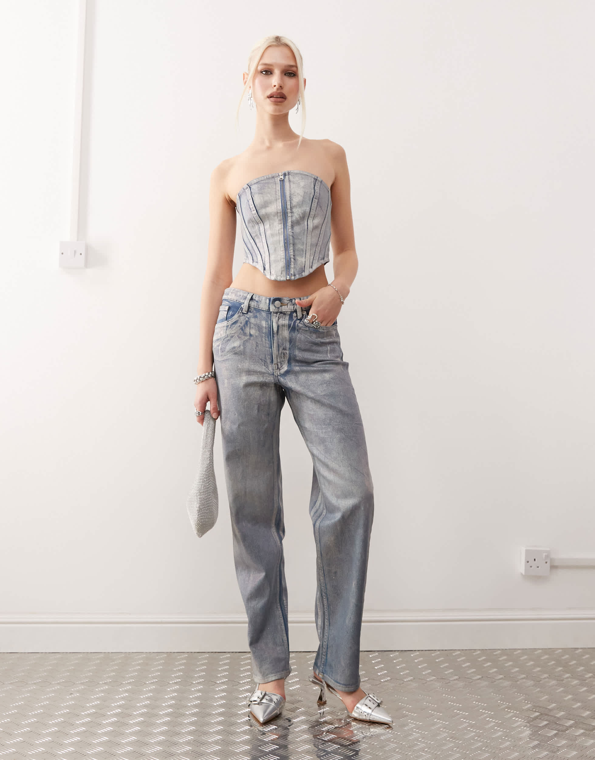 Monki co-ord Aimo straight leg jeans in holographic wash