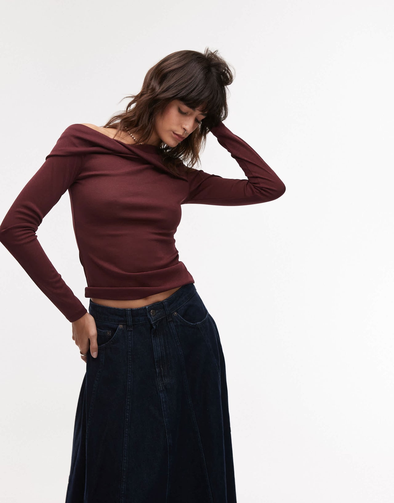 Topshop twist off shoulder top in burgundy