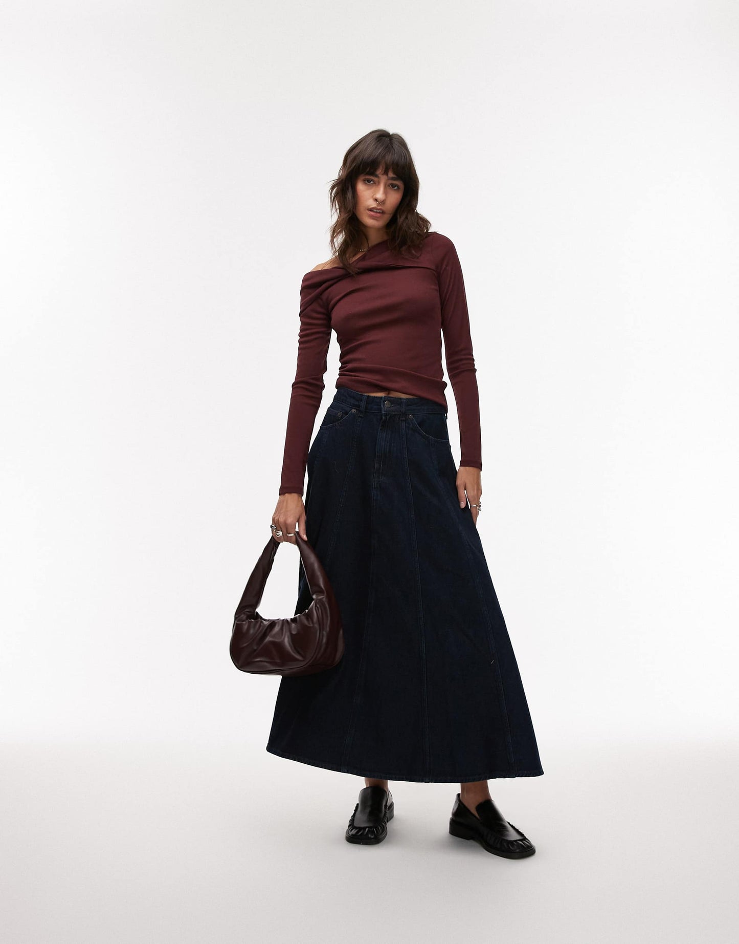 Topshop twist off shoulder top in burgundy