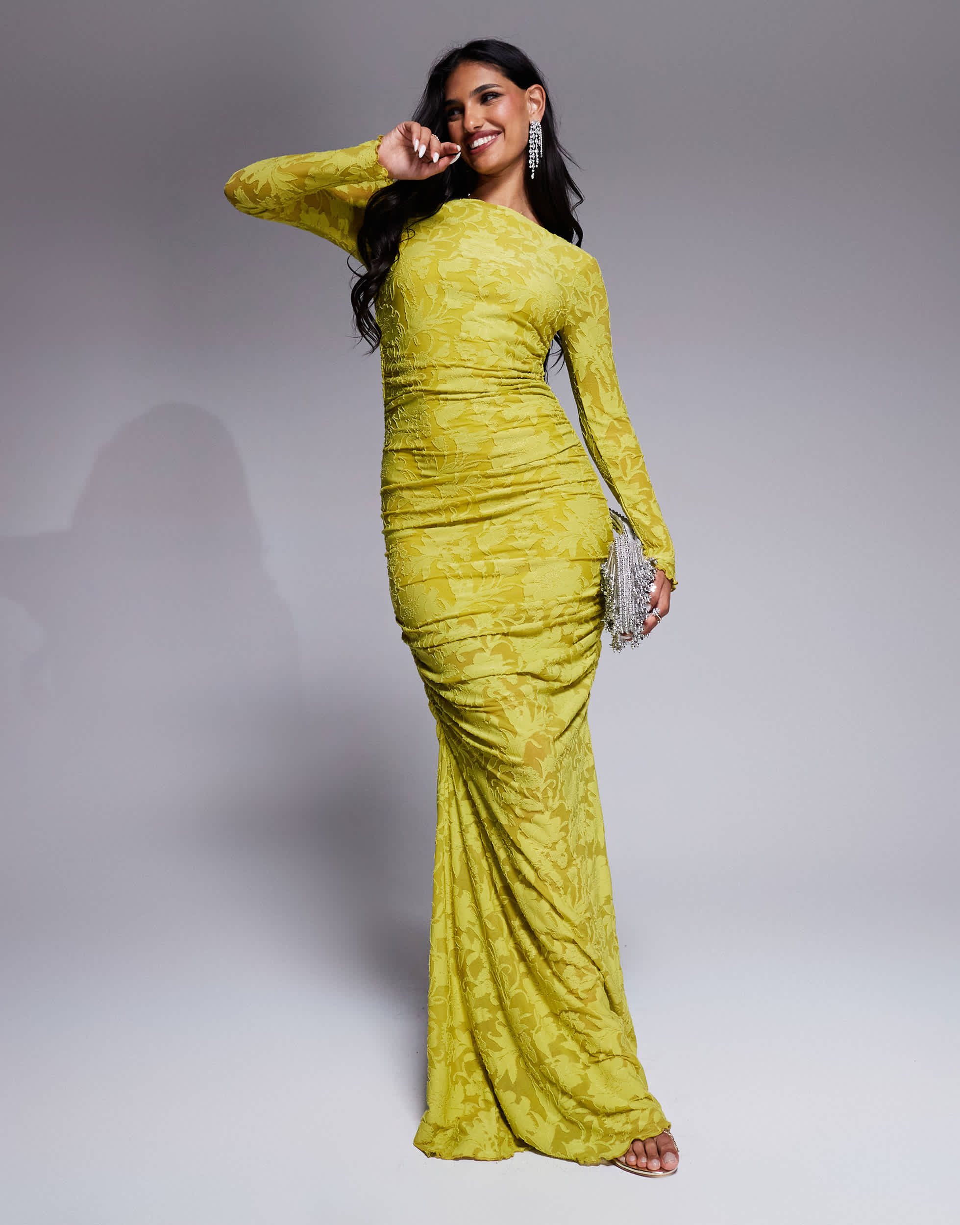 ASOS DESIGN devore long sleeve ruched maxi dress in lime