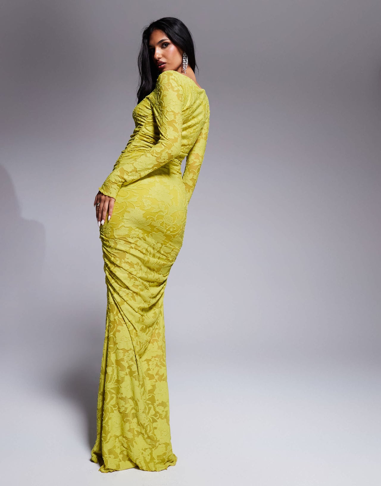 ASOS DESIGN devore long sleeve ruched maxi dress in lime