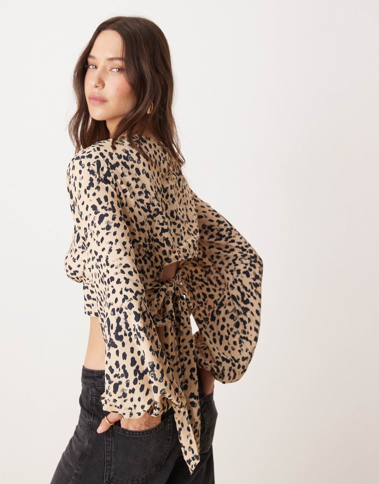Pimkie cropped bow back blouse in animal print