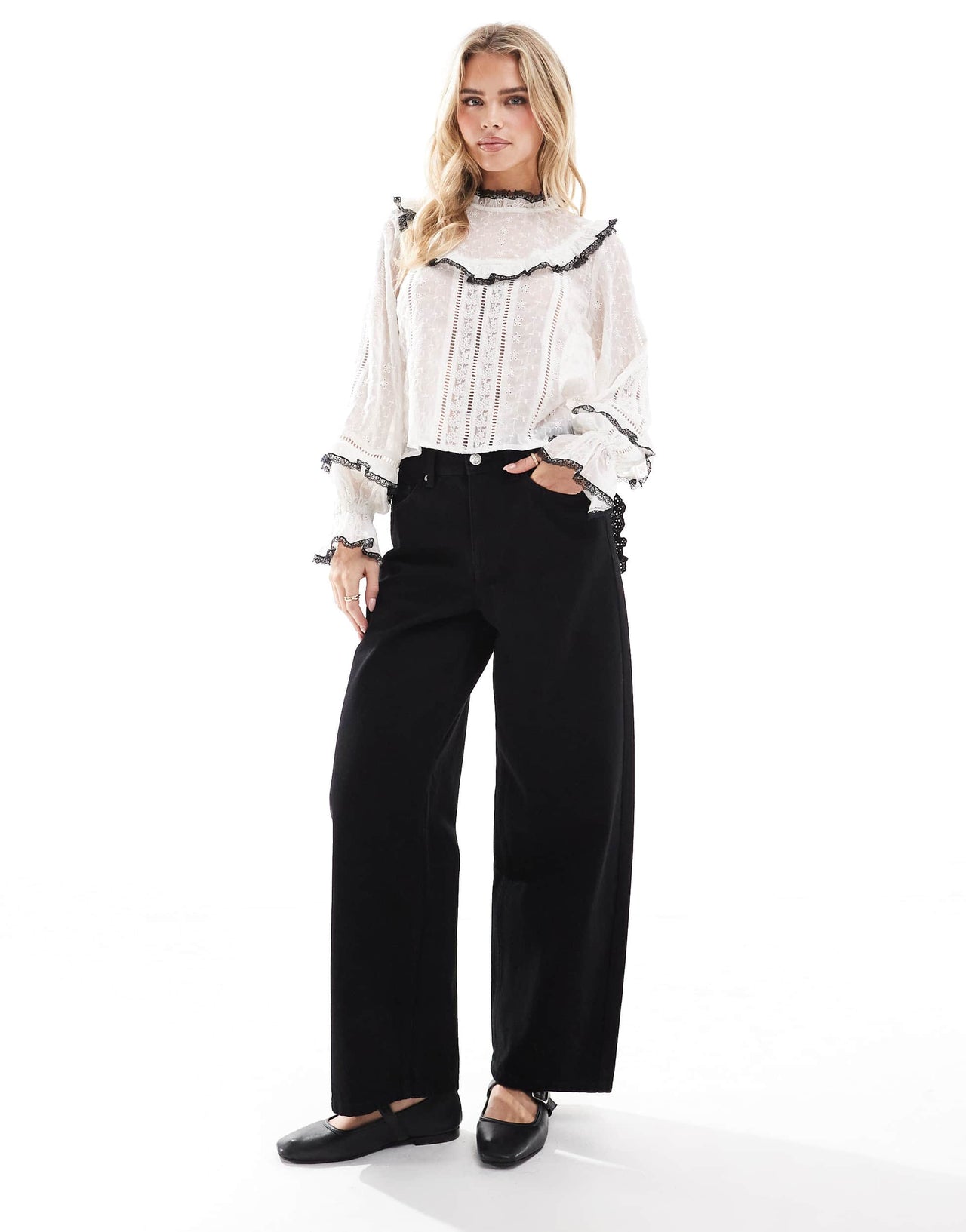 Miss Selfridge Petite broderie heart pocket baggy jean in black wash