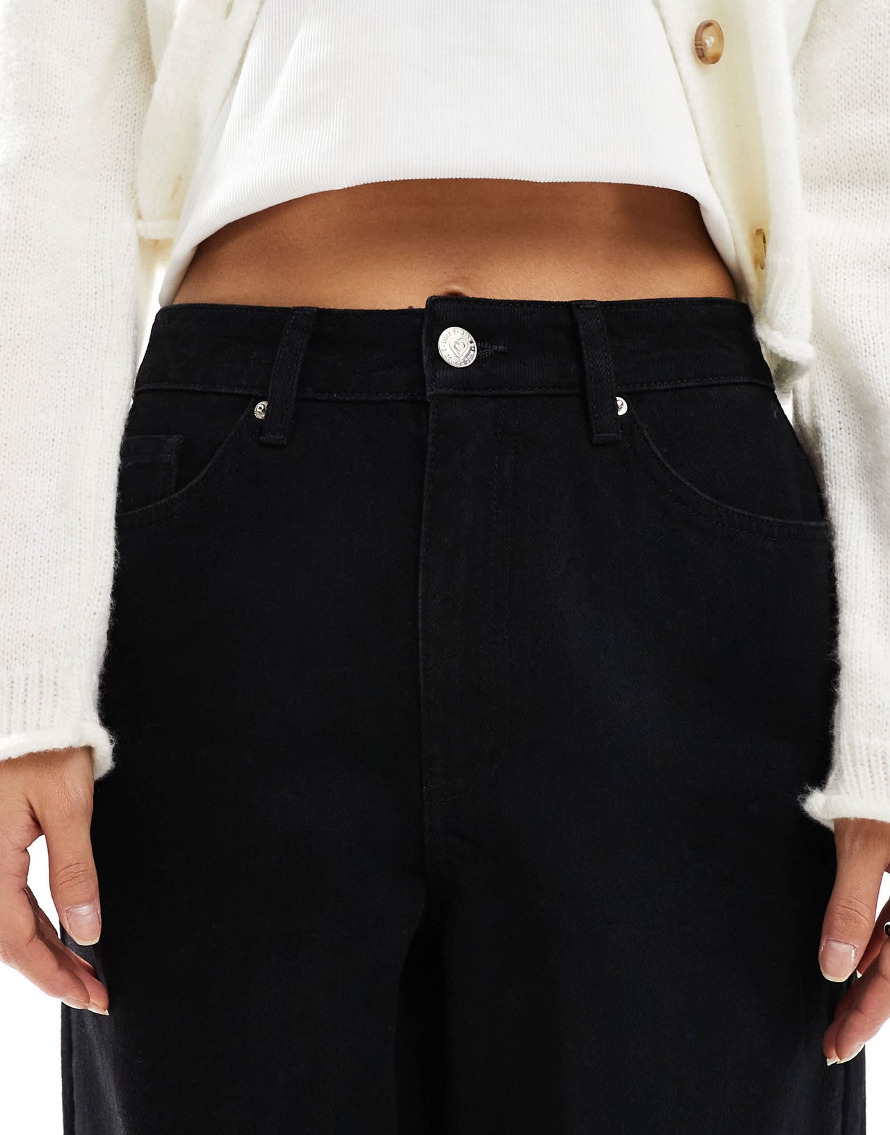 Miss Selfridge broderie heart pocket baggy jean in black wash